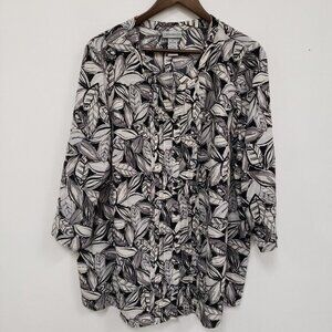 Catherines Womens Leaf Print Button Top Size 1X Black‎ Tropical Island Stretch